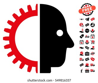 Cyborg Head icon with free bonus pictures. Vector illustration style is flat iconic symbols, intensive red and black colors, white background.