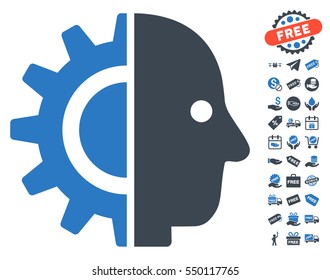 Cyborg Head icon with free bonus pictograph collection. Vector illustration style is flat iconic symbols, smooth blue colors, white background.