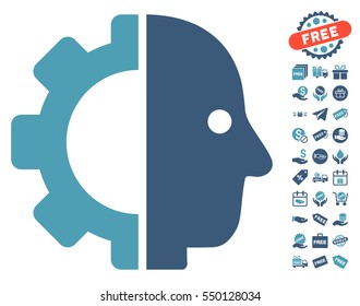Cyborg Head icon with free bonus pictures. Vector illustration style is flat iconic symbols, cyan and blue colors, white background.