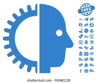 Cyborg Head icon with free bonus symbols. Vector illustration style is flat iconic symbols, cobalt color, white background.