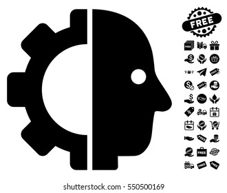Cyborg Head icon with free bonus pictures. Vector illustration style is flat iconic symbols, black color, white background.