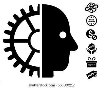 Cyborg Head icon with free bonus graphic icons. Vector illustration style is flat iconic symbols, black color, white background.