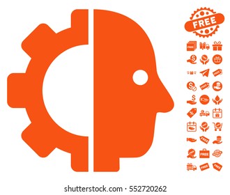 Cyborg Head icon with free bonus symbols. Vector illustration style is flat iconic symbols, orange color, white background.