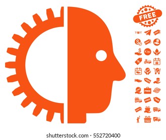 Cyborg Head icon with free bonus graphic icons. Vector illustration style is flat iconic symbols, orange color, white background.