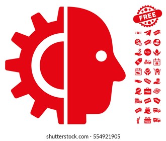 Cyborg Head icon with free bonus design elements. Vector illustration style is flat iconic symbols, red color, white background.