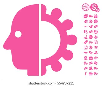 Cyborg Head icon with free bonus pictures. Vector illustration style is flat iconic symbols, pink color, white background.