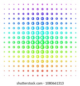 Cyborg Head icon rainbow colored halftone pattern. Vector cyborg head symbols organized into halftone grid with vertical rainbow colors gradient. Designed for backgrounds, covers and abstract effects.