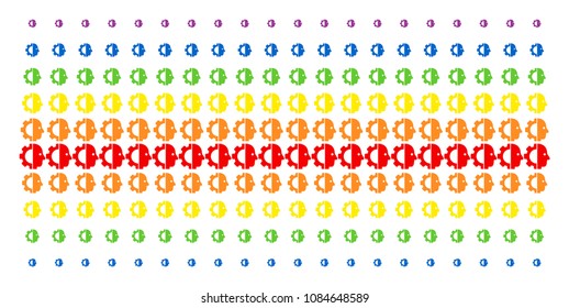 Cyborg Head icon rainbow colored halftone pattern. Vector shapes arranged into halftone matrix with vertical spectrum gradient. Designed for backgrounds, covers, templates and abstraction effects.