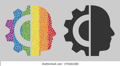 Icono de mosaico de la cabeza de ciborg de elementos redondos en tamaños variables y matices de color arcoiris. Cabeza de Cyborg de color LGBT para lesbianas, gays, bisexuales y transgéneros.