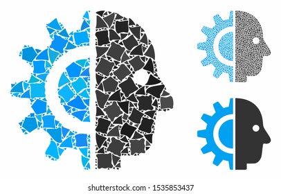 Cyborg head mosaic of uneven items in variable sizes and color tints, based on cyborg head icon. Vector rough items are united into mosaic. Cyborg head icons collage with dotted pattern.