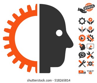 Cyborg Head pictograph with bonus configuration design elements. Vector illustration style is flat iconic orange and gray symbols on white background.