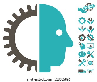 Cyborg Head pictograph with bonus configuration pictograms. Vector illustration style is flat iconic grey and cyan symbols on white background.