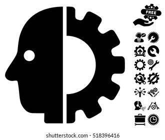 Cyborg Head pictograph with bonus configuration icon set. Vector illustration style is flat iconic black symbols on white background.