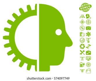 Cyborg Head pictograph with bonus nanocopter service images. Vector illustration style is flat iconic symbols on white background.