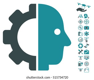 Cyborg Head pictograph with bonus quadrocopter service symbols. Vector illustration style is flat iconic symbols on white background.