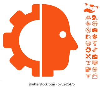 Cyborg Head pictograph with bonus quadrocopter service graphic icons. Vector illustration style is flat iconic symbols on white background.