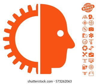 Cyborg Head pictograph with bonus quadrocopter service symbols. Vector illustration style is flat iconic symbols on white background.