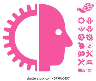 Cyborg Head pictograph with bonus service icon set. Vector illustration style is flat iconic pink symbols on white background.