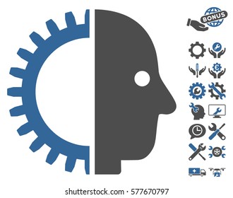 Cyborg Head pictograph with bonus setup tools icon set. Vector illustration style is flat iconic cobalt and gray symbols on white background.