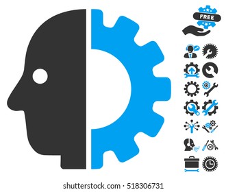 Cyborg Head pictograph with bonus tools graphic icons. Vector illustration style is flat iconic blue and gray symbols on white background.