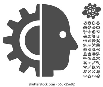 Cyborg Head pictograph with bonus tools clip art. Vector illustration style is flat iconic gray symbols on white background.