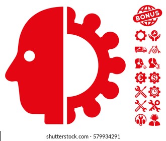 Cyborg Head pictograph with bonus tools design elements. Vector illustration style is flat iconic red symbols on white background.
