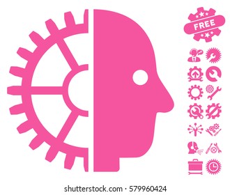 Cyborg Head pictograph with bonus tools images. Vector illustration style is flat iconic pink symbols on white background.