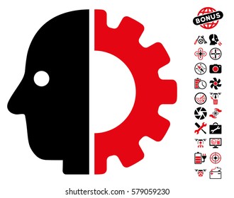 Cyborg Head pictograph with bonus uav tools icon set. Vector illustration style is flat iconic intensive red and black symbols on white background.