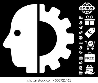 Cyborg Head pictograph with free bonus clip art. Vector illustration style is flat iconic symbols, white color, black background.