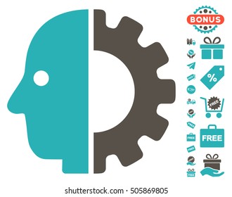 Cyborg Head pictograph with free bonus design elements. Vector illustration style is flat iconic symbols, grey and cyan colors, white background.