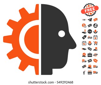 Cyborg Head pictograph with free bonus graphic icons. Vector illustration style is flat iconic symbols, orange and gray colors, white background.