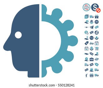 Cyborg Head pictograph with free bonus pictograms. Vector illustration style is flat iconic symbols, cyan and blue colors, white background.