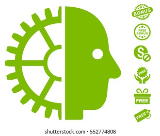 Cyborg Head pictograph with free bonus pictograms. Vector illustration style is flat iconic symbols, eco green color, white background.
