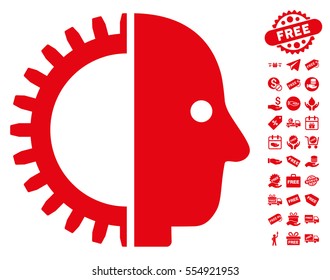 Cyborg Head pictograph with free bonus graphic icons. Vector illustration style is flat iconic symbols, red color, white background.