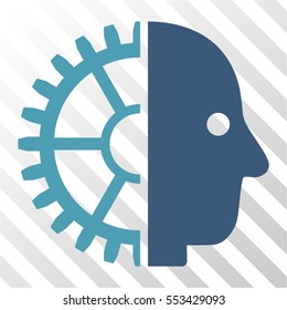 Cyborg Head vector icon. Illustration style is flat iconic bicolor cyan and blue symbol on a hatched transparent background.