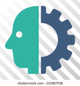 Cyborg Head vector icon. Illustration style is flat iconic bicolor cobalt and cyan symbol on a hatch transparent background.