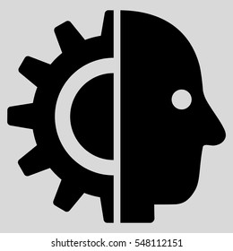 Cyborg Head vector icon. Style is flat graphic symbol, black color, light gray background.