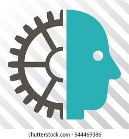 Cyborg Head vector pictogram. Illustration style is flat iconic bicolor grey and cyan symbol on a hatched transparent background.