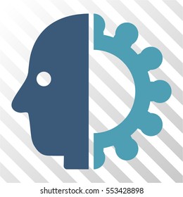 Cyborg Head vector pictogram. Illustration style is flat iconic bicolor cyan and blue symbol on a hatched transparent background.