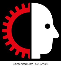Cyborg Head vector pictogram. Style is flat graphic bicolor symbol, red and white colors, black background.