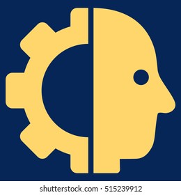 Cyborg Head vector pictogram. Style is flat graphic symbol, yellow color, blue background.