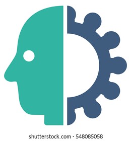 Cyborg Head vector pictogram. Style is flat graphic bicolor symbol, cobalt and cyan colors, white background.