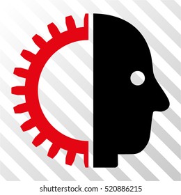 Cyborg Head vector pictograph. Illustration style is flat iconic bicolor intensive red and black symbol on a hatched transparent background.