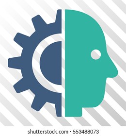 Cyborg Head vector pictograph. Illustration style is flat iconic bicolor cobalt and cyan symbol on a hatched transparent background.