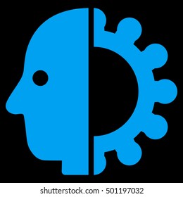 Cyborg Head vector pictograph. Style is flat graphic symbol, blue color, black background.