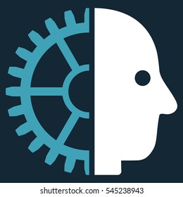 Cyborg Head vector pictograph. Style is flat graphic bicolor symbol, blue and white colors, dark blue background.