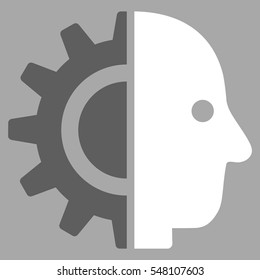 Cyborg Head vector pictograph. Style is flat graphic bicolor symbol, dark gray and white colors, silver background.