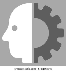 Cyborg Head vector pictograph. Style is flat graphic bicolor symbol, dark gray and white colors, silver background.