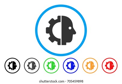 Cyborg Head vector rounded icon. Image style is a flat gray icon symbol inside a blue circle. Bonus color variants are gray, black, blue, green, red, orange.