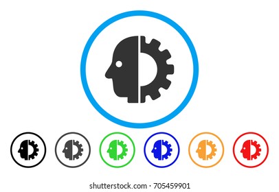 Cyborg Head vector rounded icon. Image style is a flat gray icon symbol inside a blue circle. Additional color versions are grey, black, blue, green, red, orange.